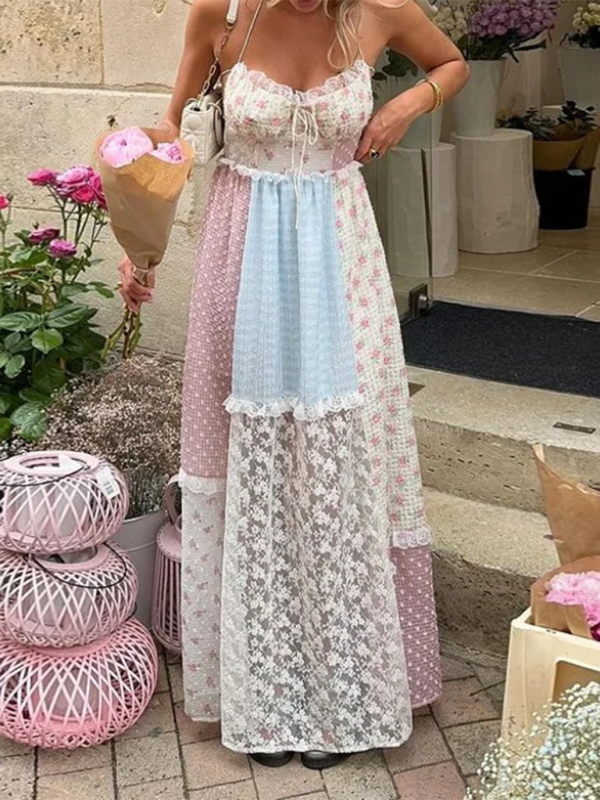 Sleeveless Sweet Halter Neck Floral Splicing Holiday Dress