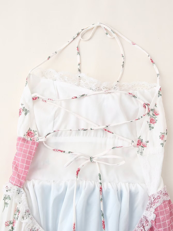 Sleeveless Sweet Halter Neck Floral Splicing Holiday Dress