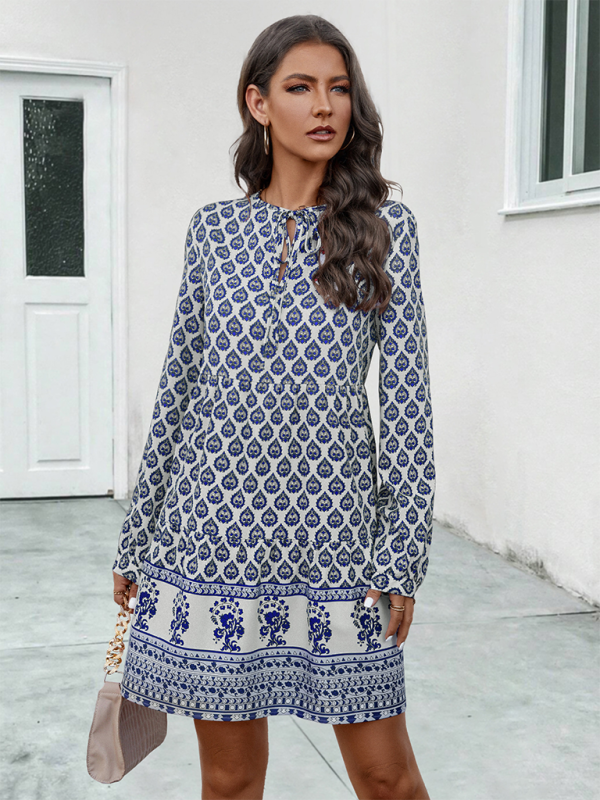 Ladies long sleeve tie-strap A-line dress with positioning print