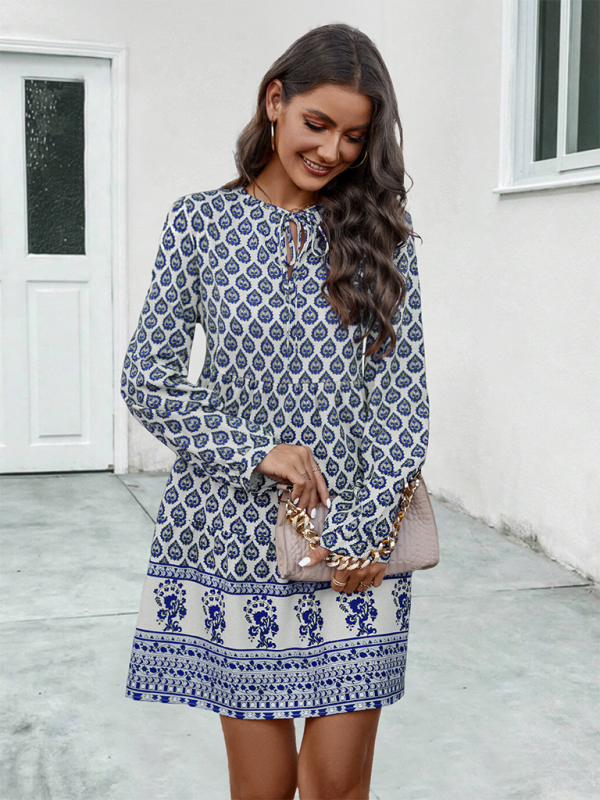 Ladies long sleeve tie-strap A-line dress with positioning print