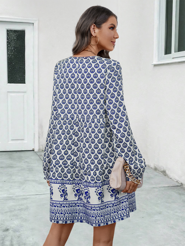 Ladies long sleeve tie-strap A-line dress with positioning print