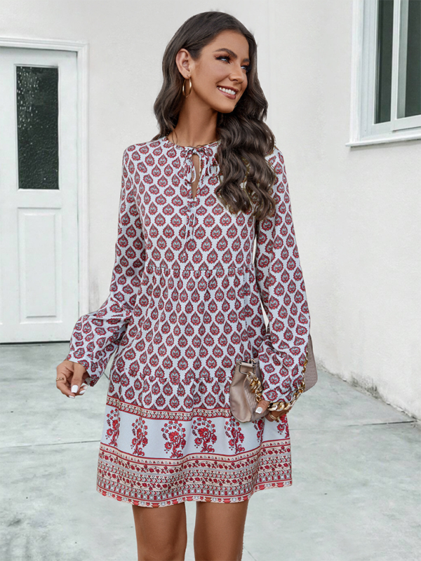 Ladies long sleeve tie-strap A-line dress with positioning print