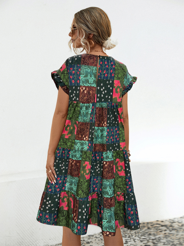 Ladies loose gathered printed A-line dress