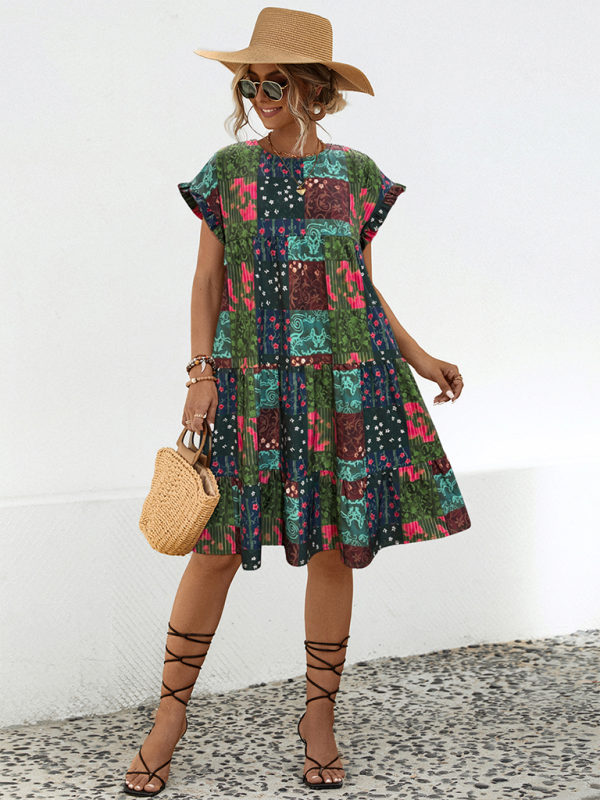 Ladies loose gathered printed A-line dress