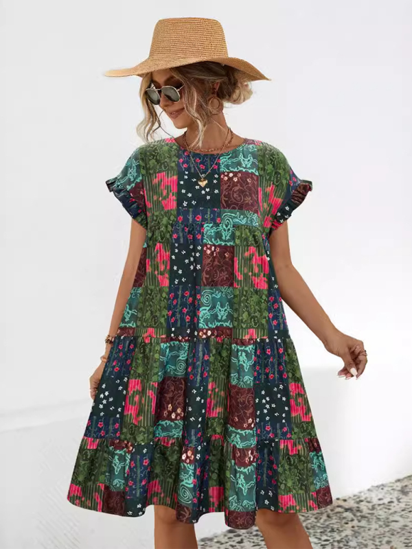 Ladies loose gathered printed A-line dress