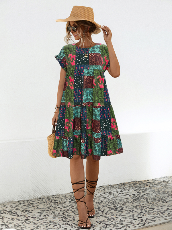 Ladies loose gathered printed A-line dress