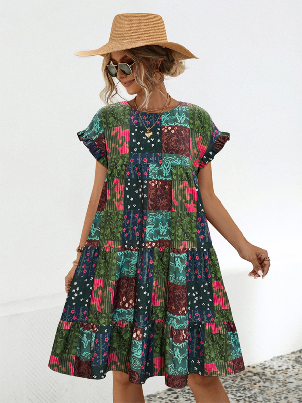 Ladies loose gathered printed A-line dress