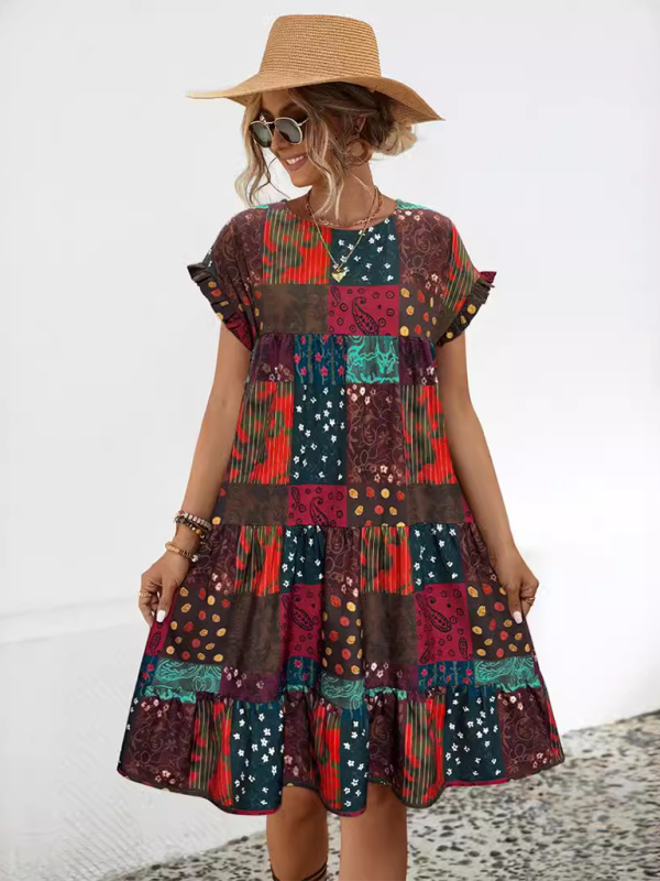 Ladies loose gathered printed A-line dress