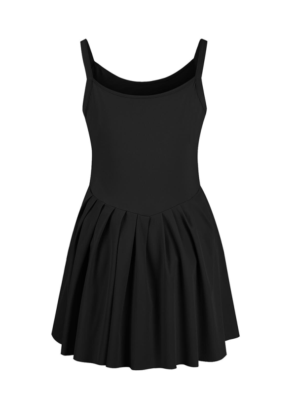 Ladies style pocket solid color halter neck high waist two in one dress