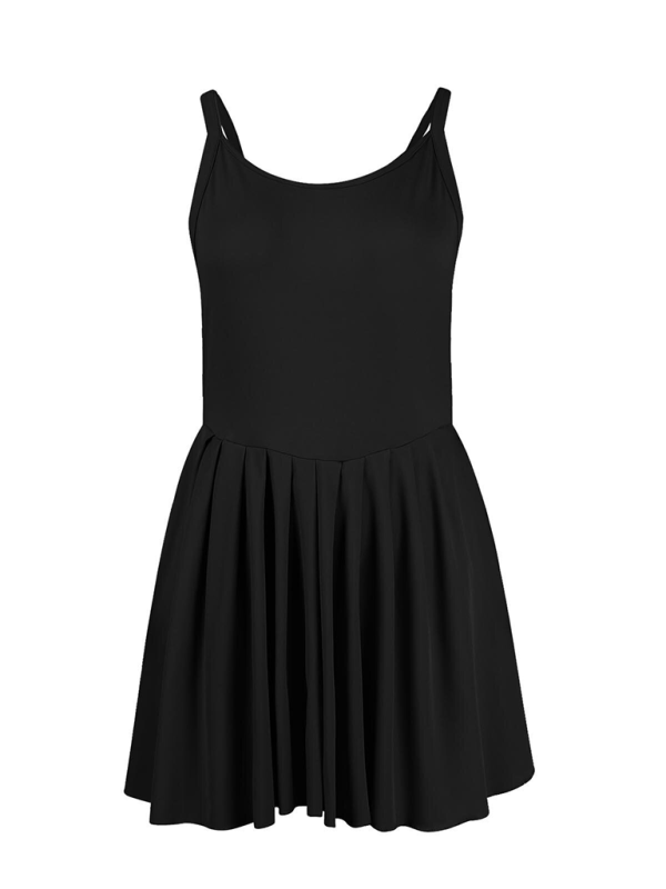 Ladies style pocket solid color halter neck high waist two in one dress