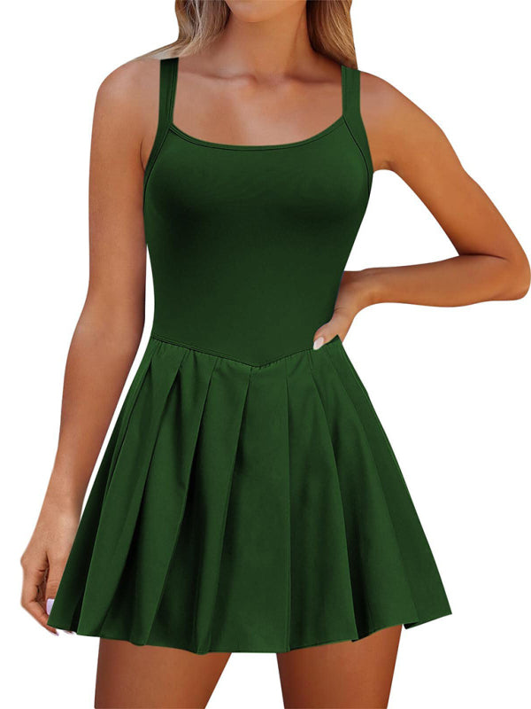 Ladies style pocket solid color halter neck high waist two in one dress