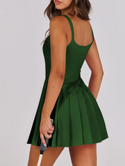 Ladies style pocket solid color halter neck high waist two in one dress