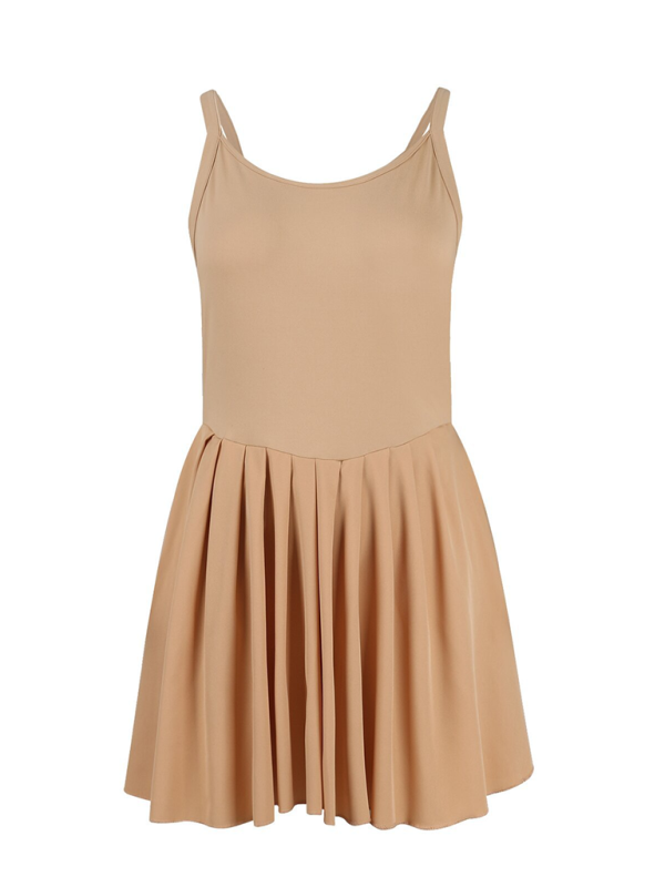 Ladies style pocket solid color halter neck high waist two in one dress