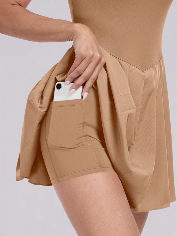 Ladies style pocket solid color halter neck high waist two in one dress
