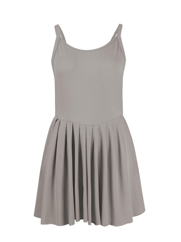 Ladies style pocket solid color halter neck high waist two in one dress