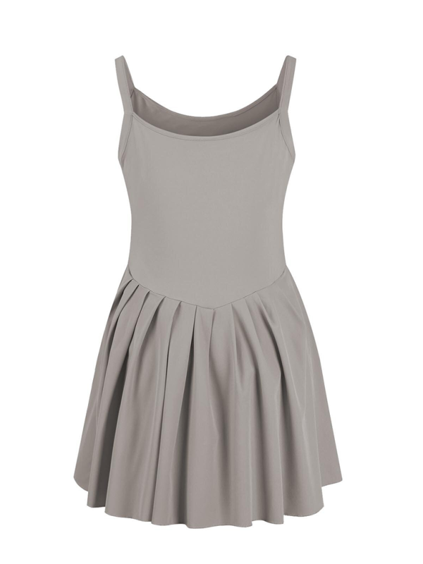 Ladies style pocket solid color halter neck high waist two in one dress