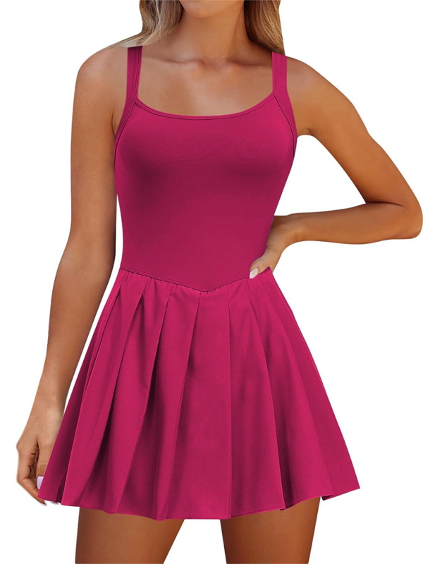 Ladies style pocket solid color halter neck high waist two in one dress