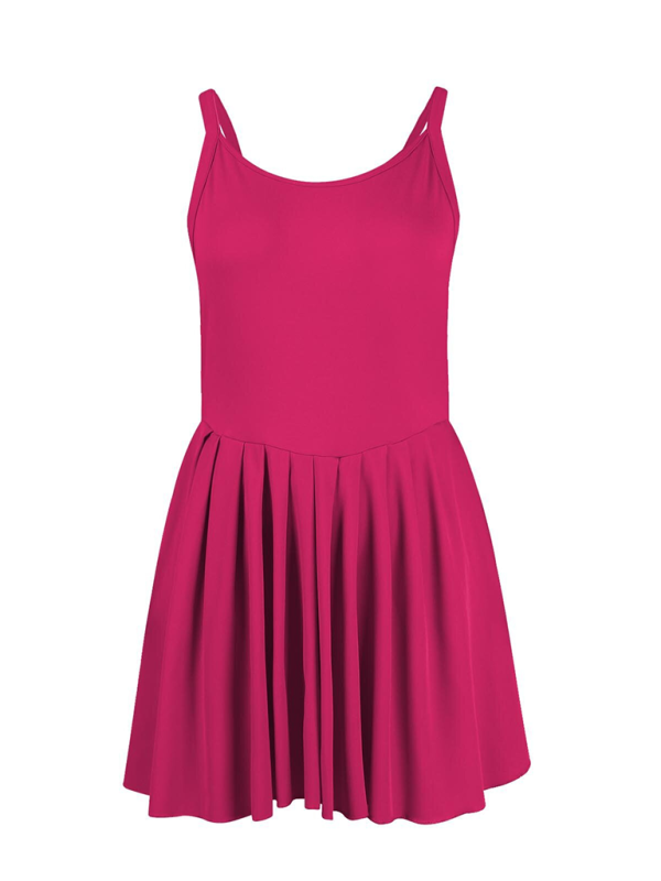 Ladies style pocket solid color halter neck high waist two in one dress
