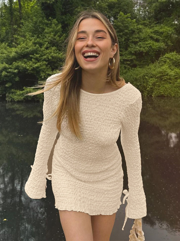 simple round neck long sleeve hot girl sexy big back tight hip dress