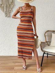 Personalized street casual striped sleeveless square neck dress