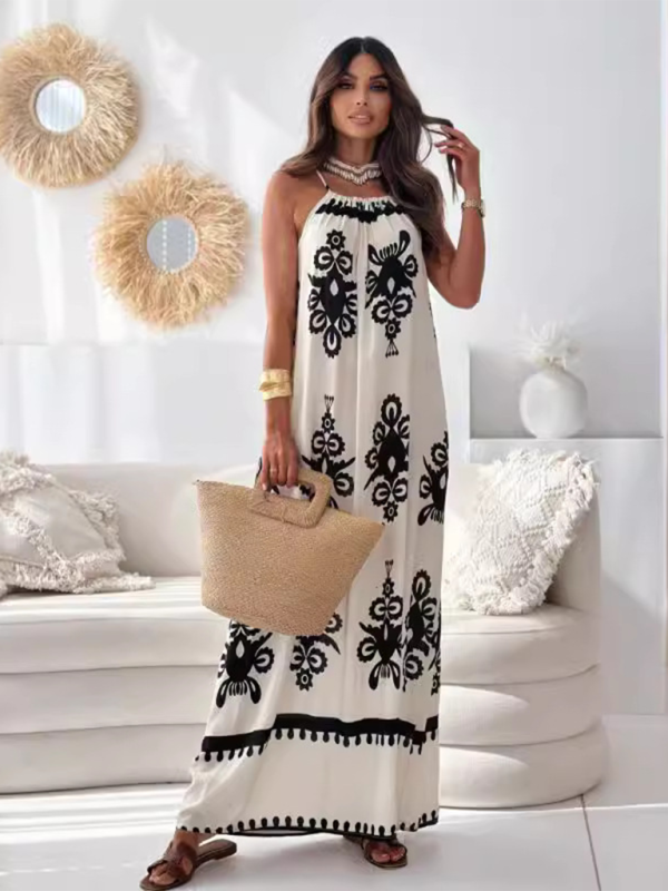 style positioning flower print backless sexy suspender dress