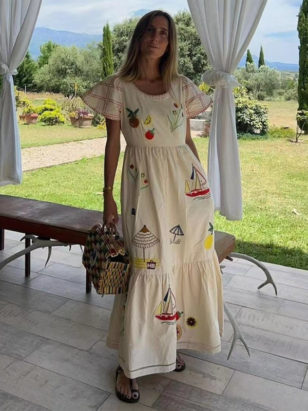 round neck short sleeve long print long dress