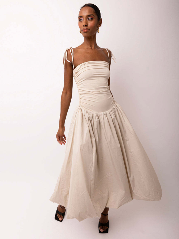 halterneck backless sleeveless gathered patchwork dress pocket dress