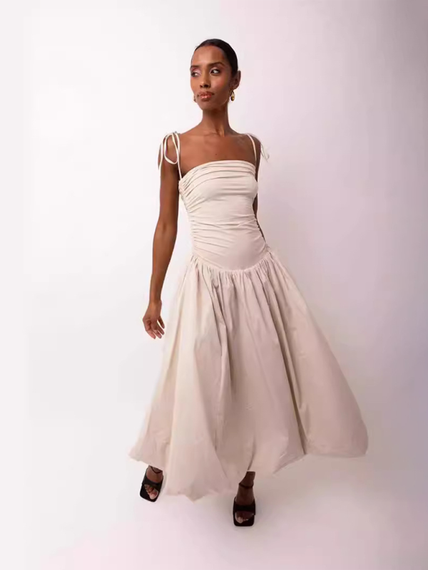 halterneck backless sleeveless gathered patchwork dress pocket dress