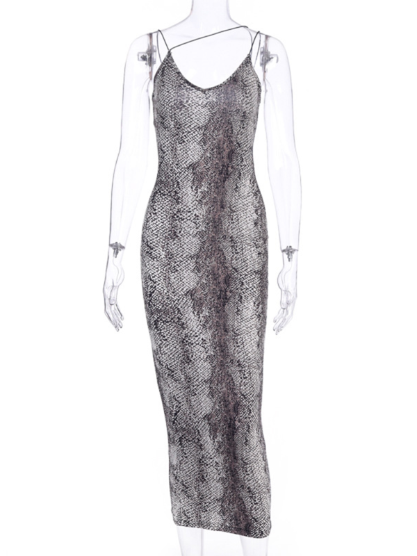 Suspender Sleeveless V-neck Leopard Snake Print Dress Sexy Midi Dress