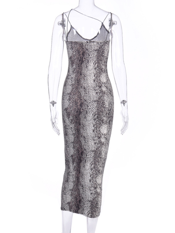 Suspender Sleeveless V-neck Leopard Snake Print Dress Sexy Midi Dress