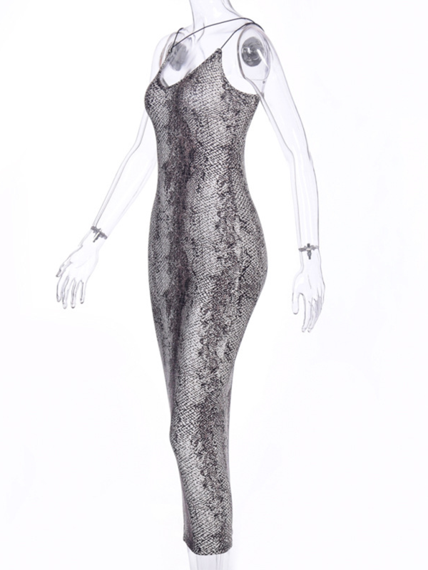 Suspender Sleeveless V-neck Leopard Snake Print Dress Sexy Midi Dress