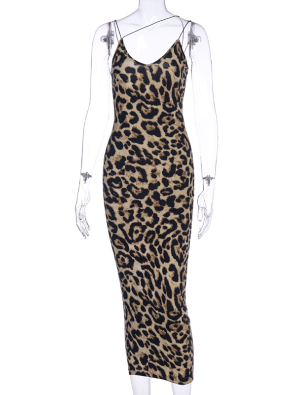 Suspender Sleeveless V-neck Leopard Snake Print Dress Sexy Midi Dress