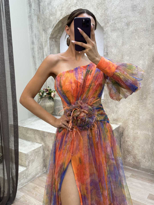 Party Mesh Shoulder Slash Dress INS Casual Dresses