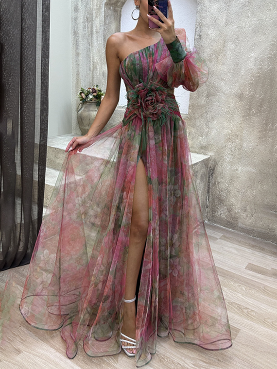 Party Mesh Shoulder Slash Dress INS Casual Dresses