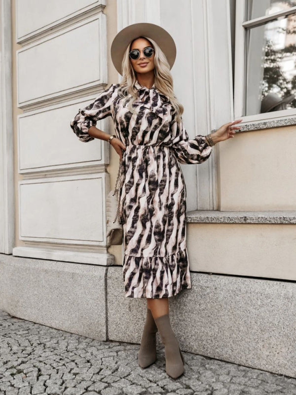 Bow Tie Waist Zebra Print Long Sleeve Dress