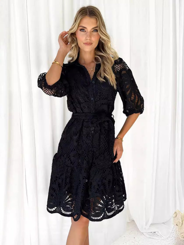 Sexy Hollow Lace Flower Mid-Sleeve Commuter Button Shirt Dress