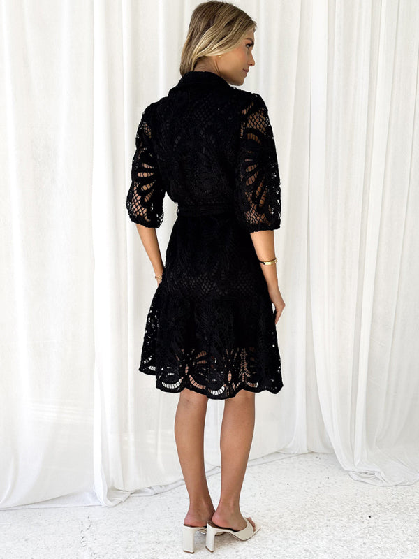 Sexy Hollow Lace Flower Mid-Sleeve Commuter Button Shirt Dress
