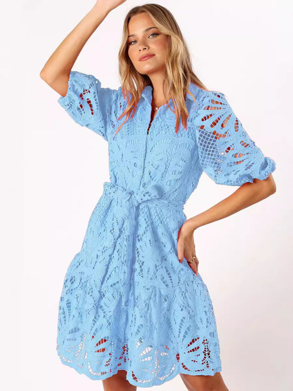 Sexy Hollow Lace Flower Mid-Sleeve Commuter Button Shirt Dress