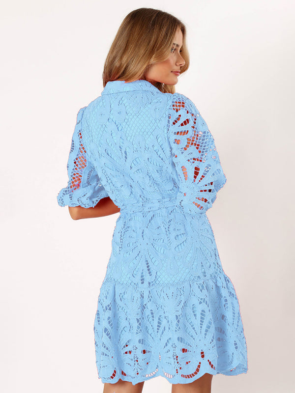 Sexy Hollow Lace Flower Mid-Sleeve Commuter Button Shirt Dress
