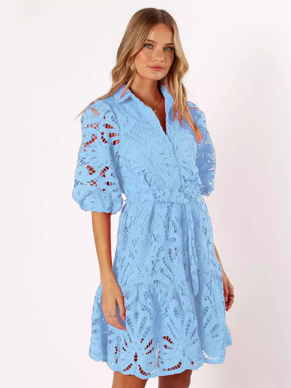 Sexy Hollow Lace Flower Mid-Sleeve Commuter Button Shirt Dress