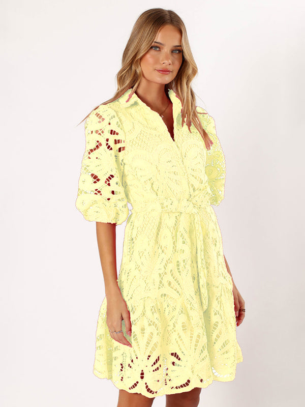 Sexy Hollow Lace Flower Mid-Sleeve Commuter Button Shirt Dress