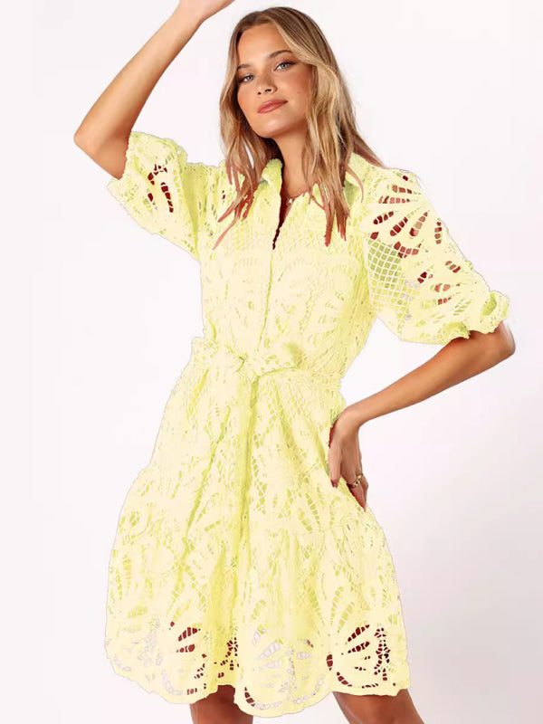 Sexy Hollow Lace Flower Mid-Sleeve Commuter Button Shirt Dress