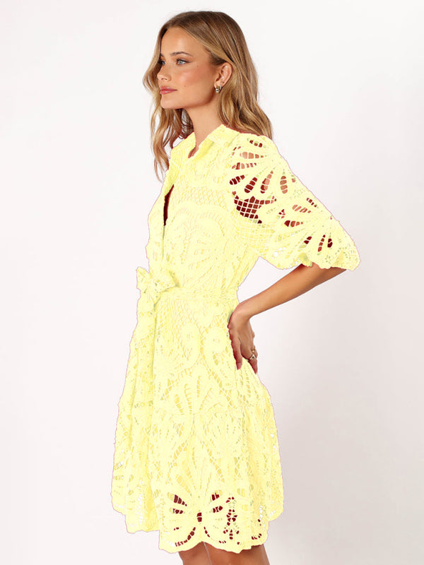 Sexy Hollow Lace Flower Mid-Sleeve Commuter Button Shirt Dress