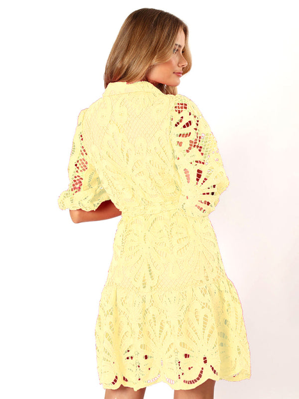 Sexy Hollow Lace Flower Mid-Sleeve Commuter Button Shirt Dress