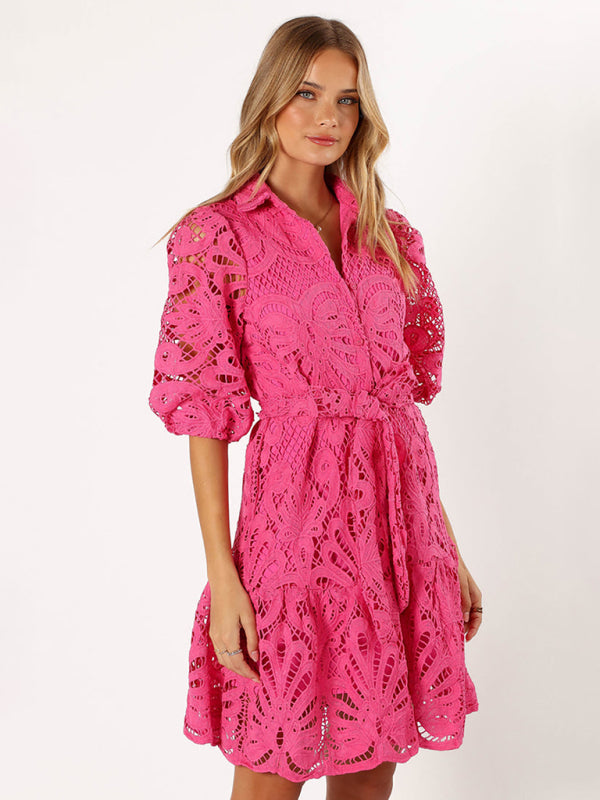 Sexy Hollow Lace Flower Mid-Sleeve Commuter Button Shirt Dress