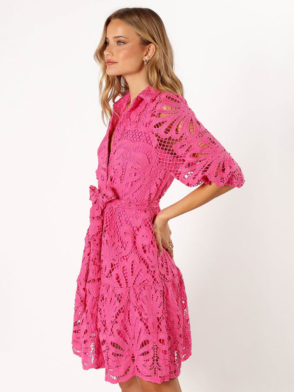 Sexy Hollow Lace Flower Mid-Sleeve Commuter Button Shirt Dress
