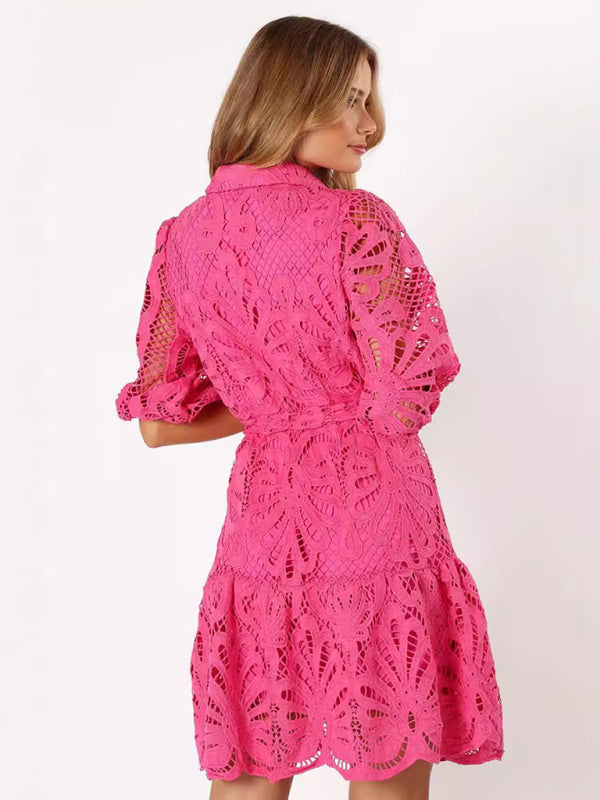 Sexy Hollow Lace Flower Mid-Sleeve Commuter Button Shirt Dress