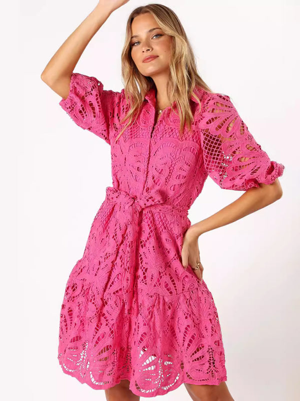 Sexy Hollow Lace Flower Mid-Sleeve Commuter Button Shirt Dress