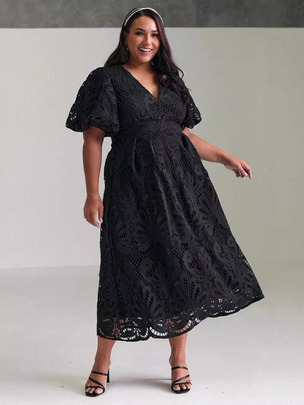 V-neck sexy waist slim fit hollow embroidery dress