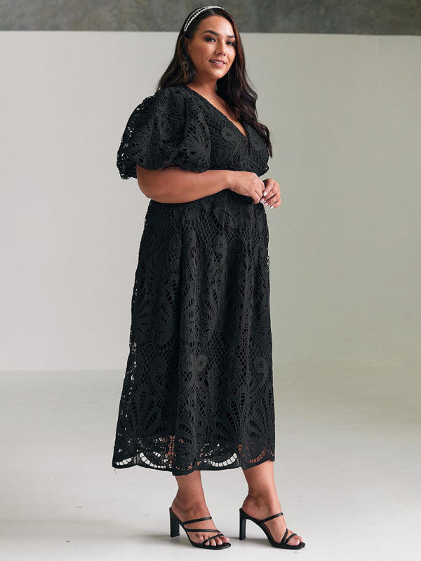 V-neck sexy waist slim fit hollow embroidery dress
